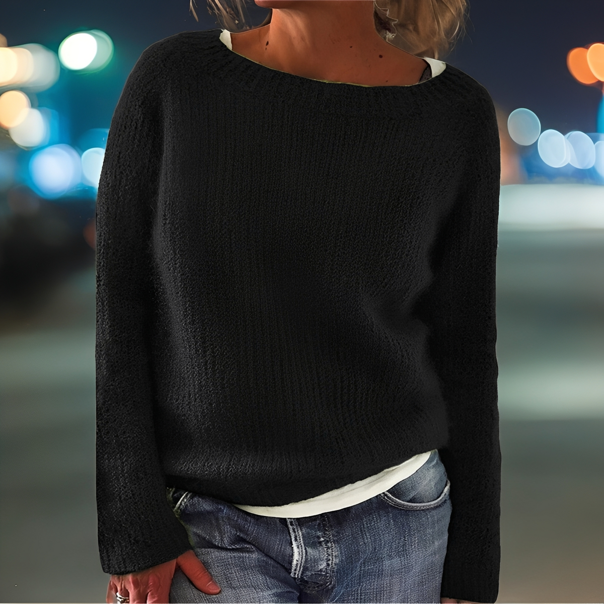Suéter holgado mujer color negro, cuello redondo, punto suave y mangas largas