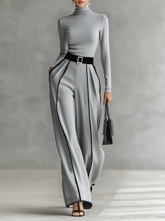 Conjunto gris: blusa cuello alto manga larga y pantalón ancho con líneas a contraste