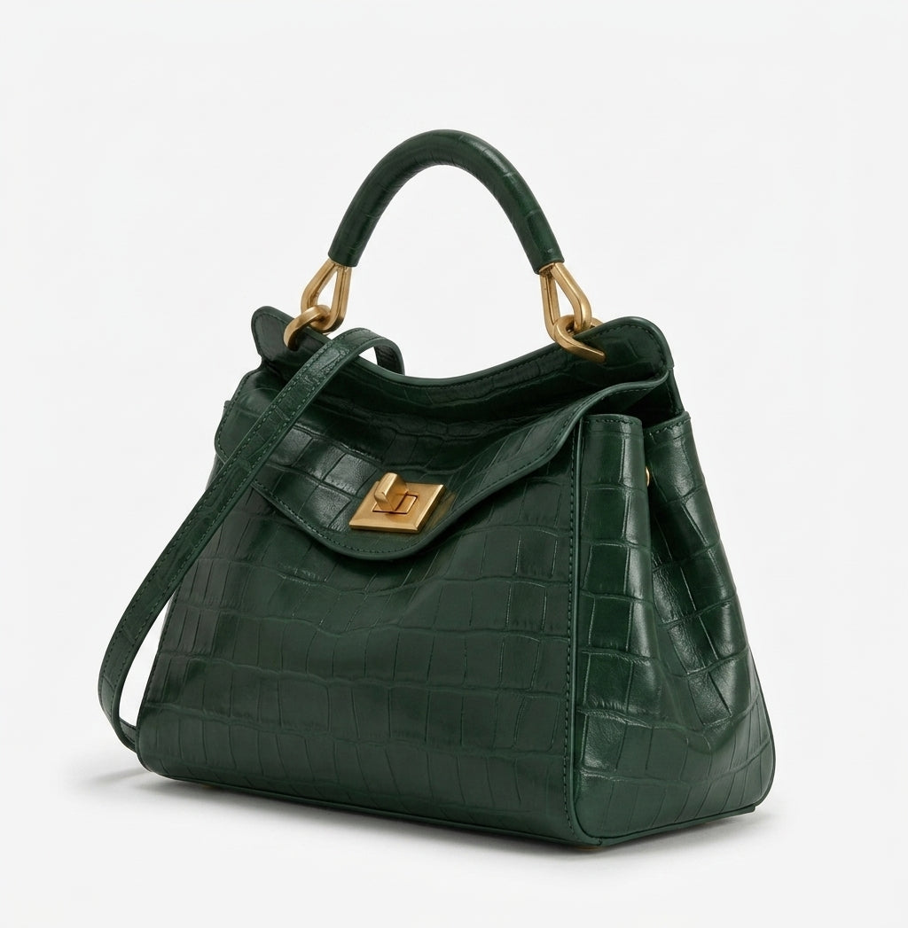 Bolso grande de piel efecto cocodrilo verde, correa cruzada y hebilla dorada