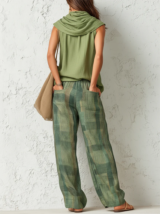 Conjunto boho verde: blusa sin mangas con cuello tipo bufanda y pantalón ancho a cuadros