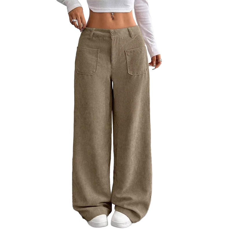 Pantalones de pierna ancha caqui, cintura con botón y bolsillos delanteros