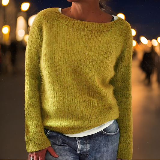 Suéter holgado mujer color amarillo, cuello redondo y mangas largas