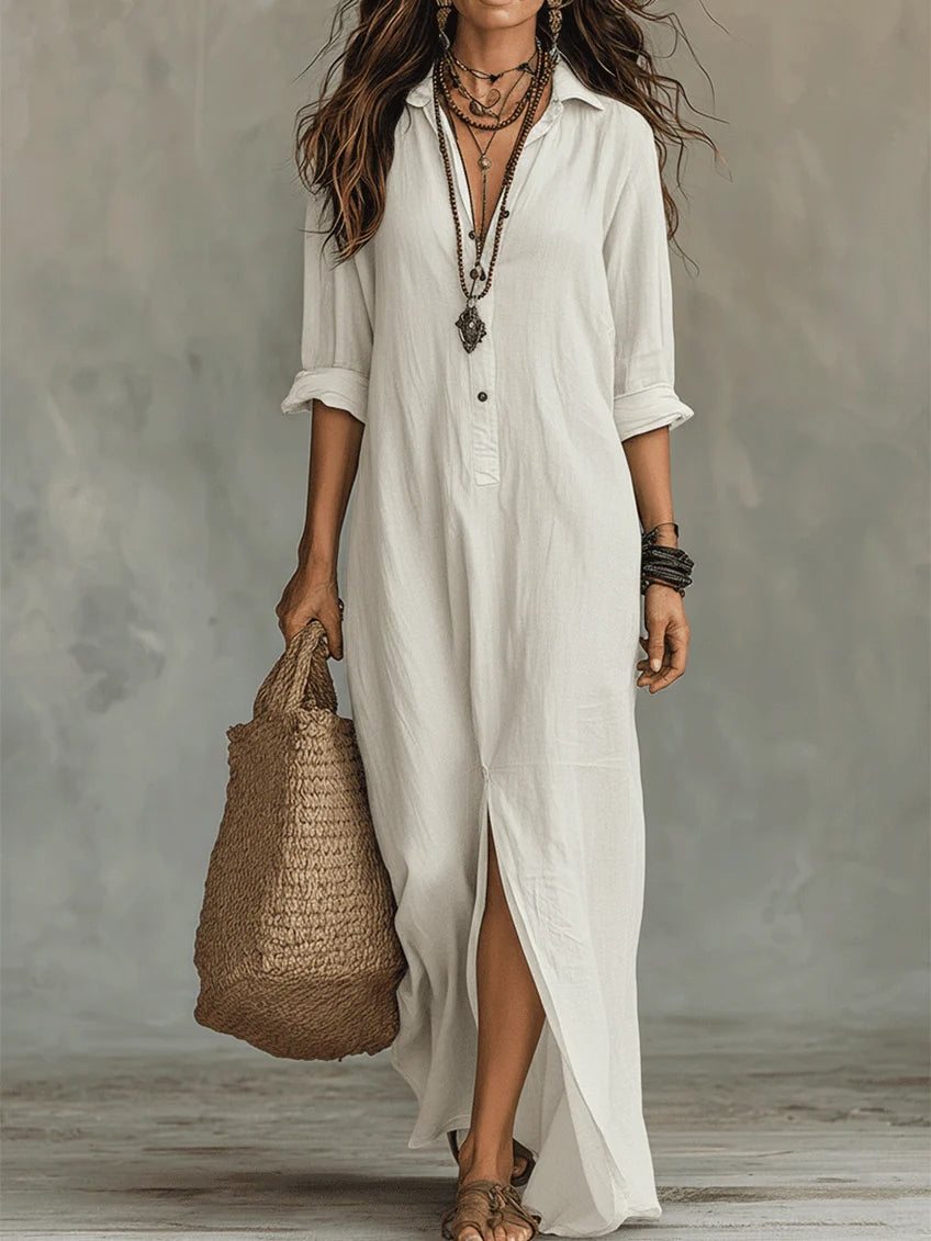 Vestido largo maxi blanco con botones y abertura frontal, tela ligera