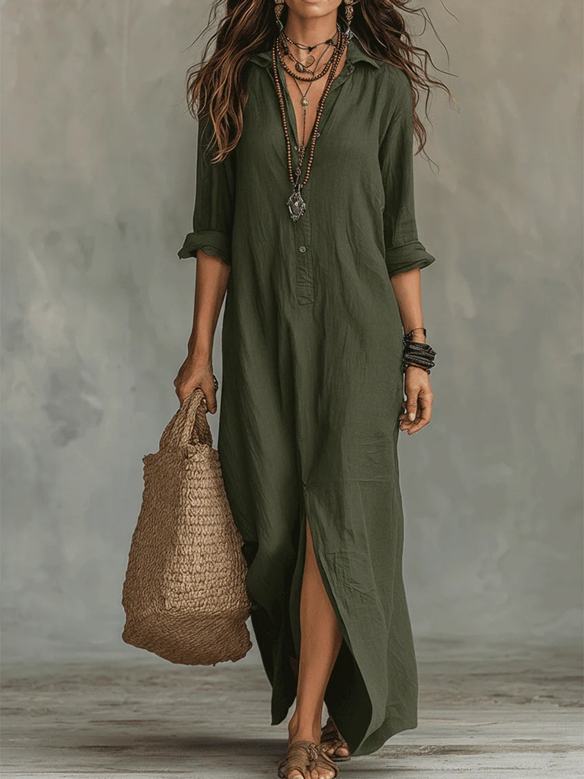 Vestido largo maxi verde con botones y abertura frontal, manga tres cuartos