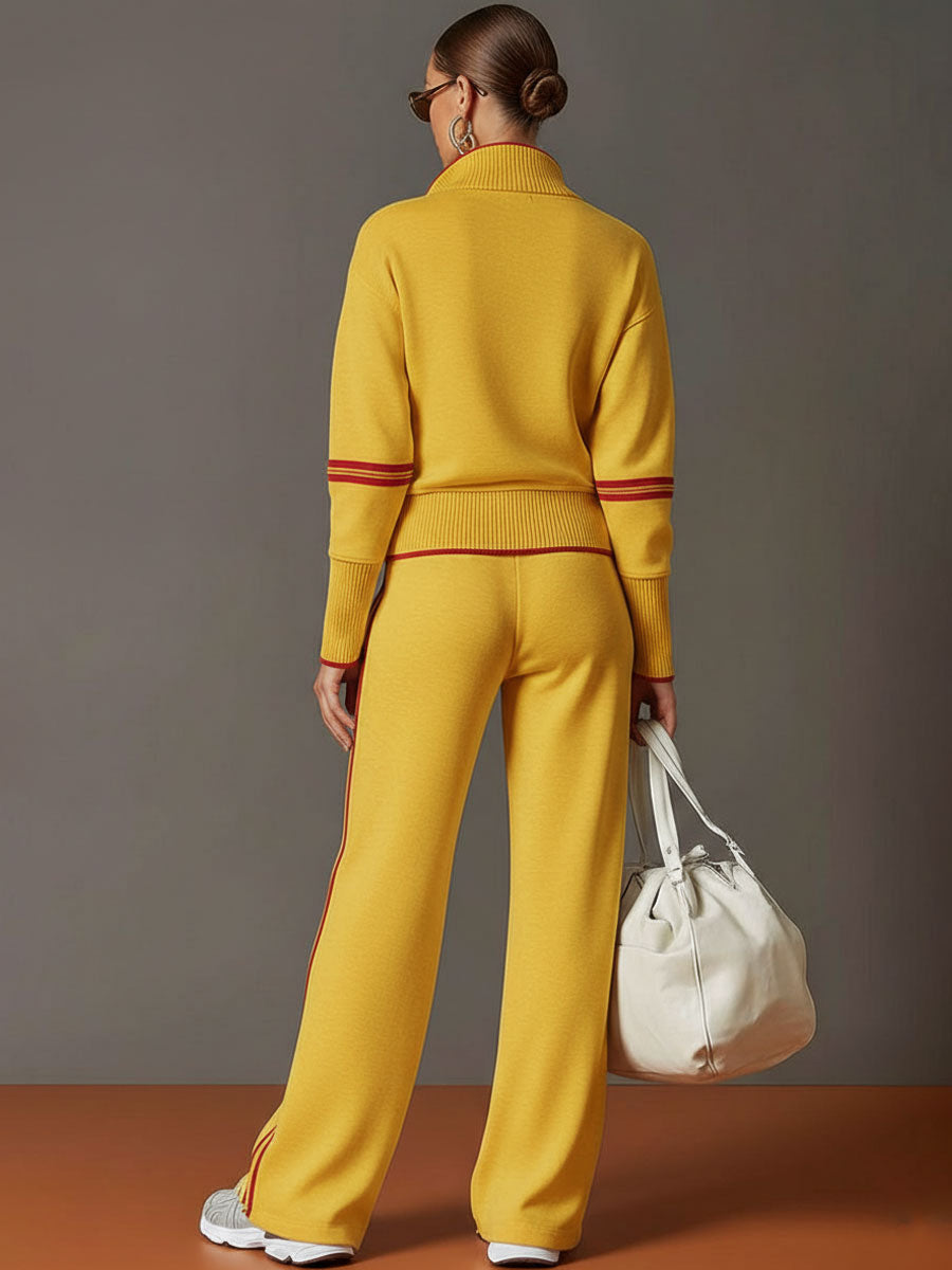 Conjunto de dos piezas amarillo: jersey con media cremallera y pantalón ancho a rayas