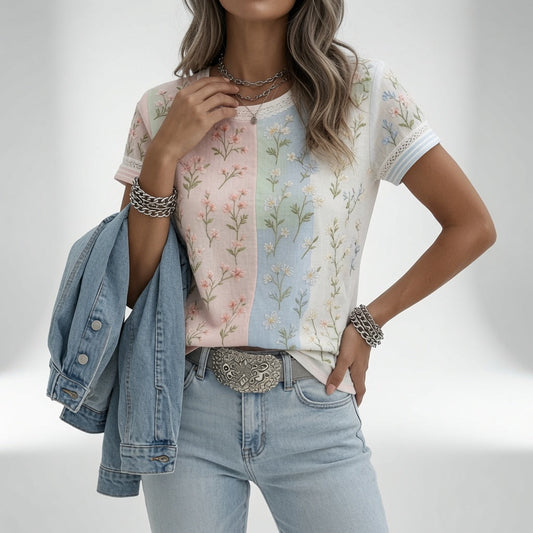 Camiseta de manga corta con cuello redondo y estampado floral multicolor en tonos pastel