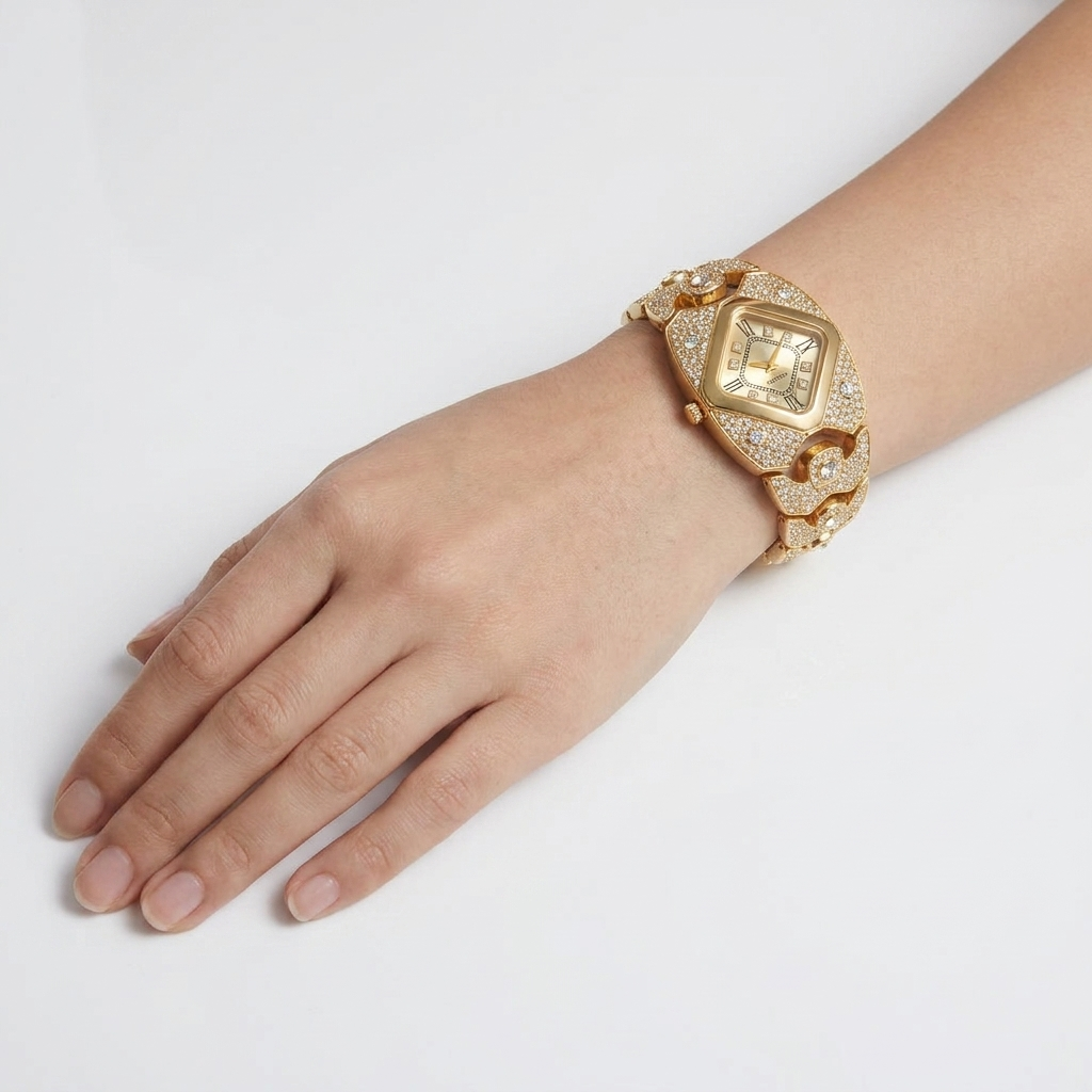 Reloj con cristales dorado en la muñeca, correa tipo brazalete y esfera cuadrada