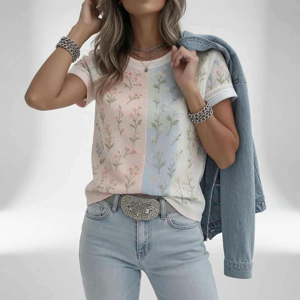 Camiseta floral multicolor de cuello redondo con ribete en las mangas