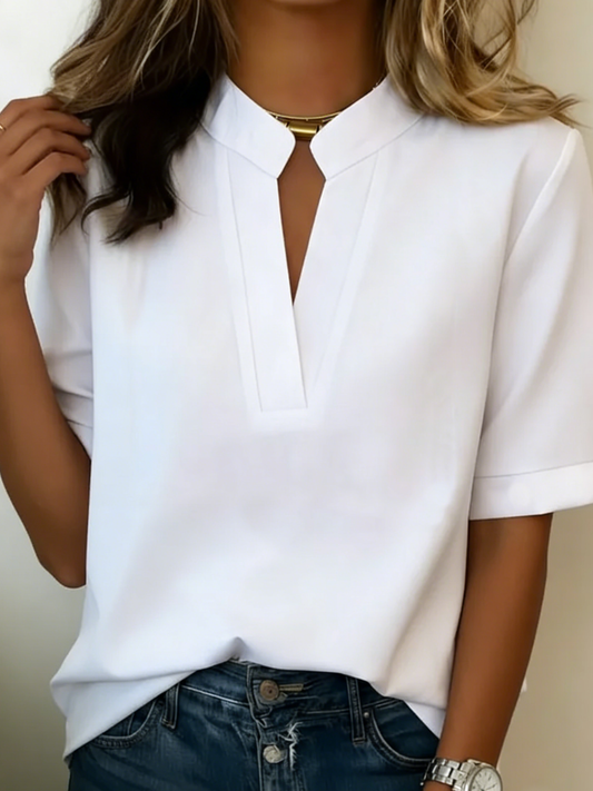 Blusa de manga corta con cuello V, color verde lima, corte holgado y vista central