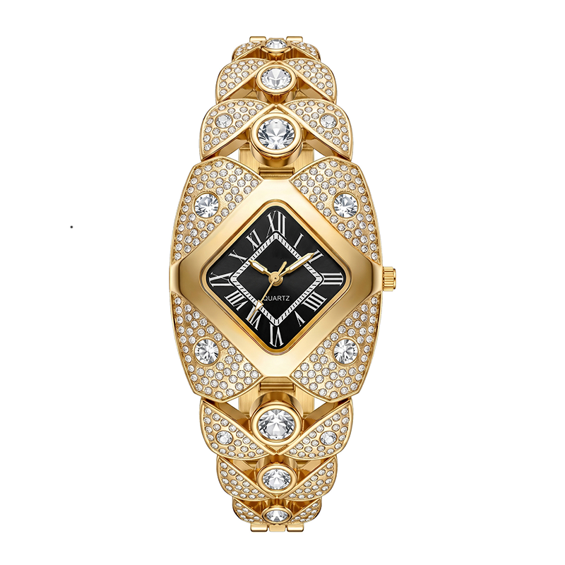 Reloj dorado ovalado con cristales y esfera negra, detalles con gemas