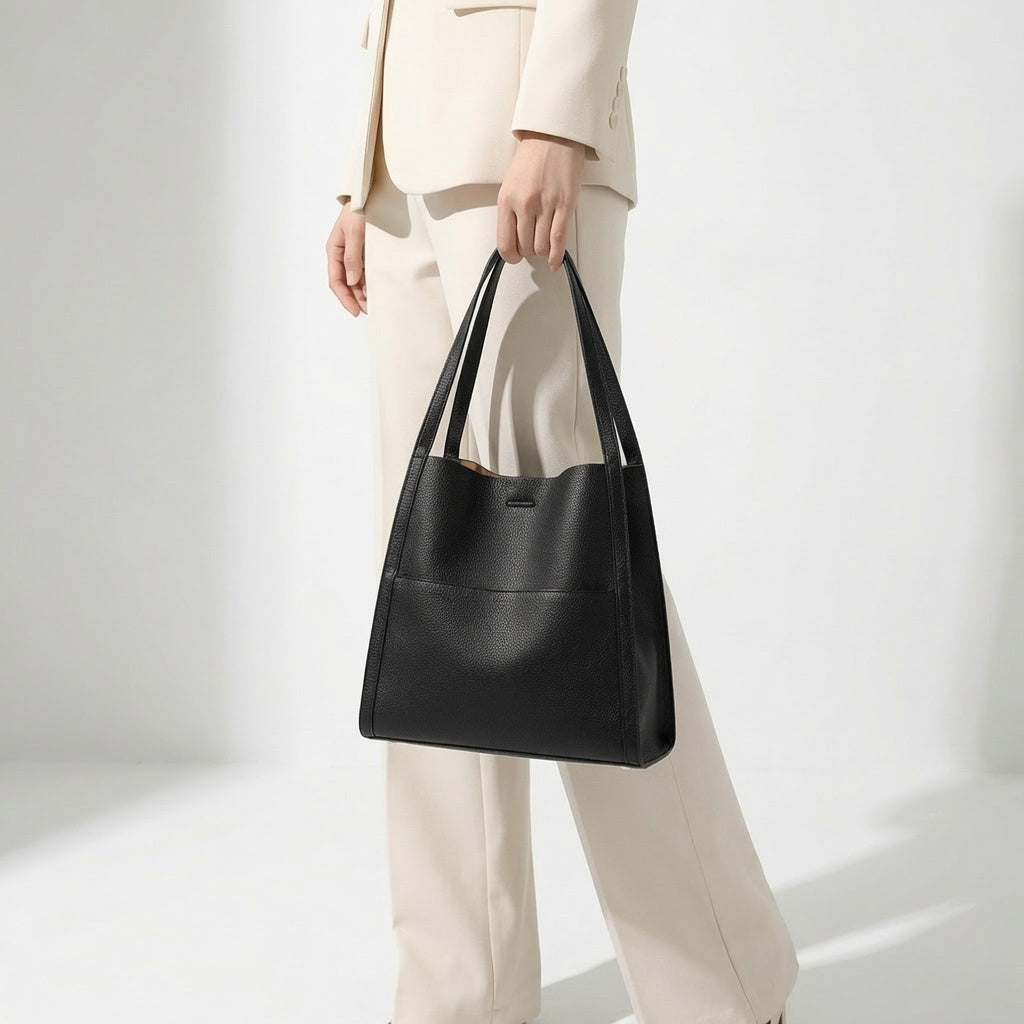 Bolso de piel negro tipo tote con asas cortas y cierre central rectangular