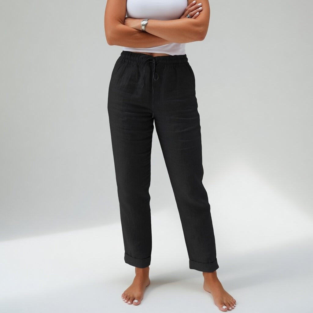 Pantalones de algodón holgados negros con cinturilla elástica y cordón