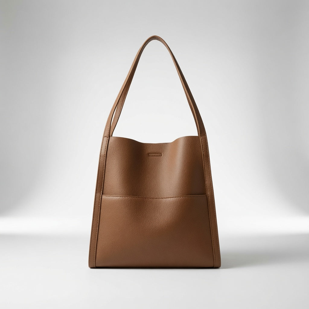 Bolso de mano de piel marrón con asas cortas y cierre central rectangular