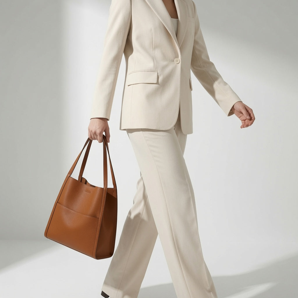 Bolso de piel marrón tipo tote con asas cortas y cierre central rectangular