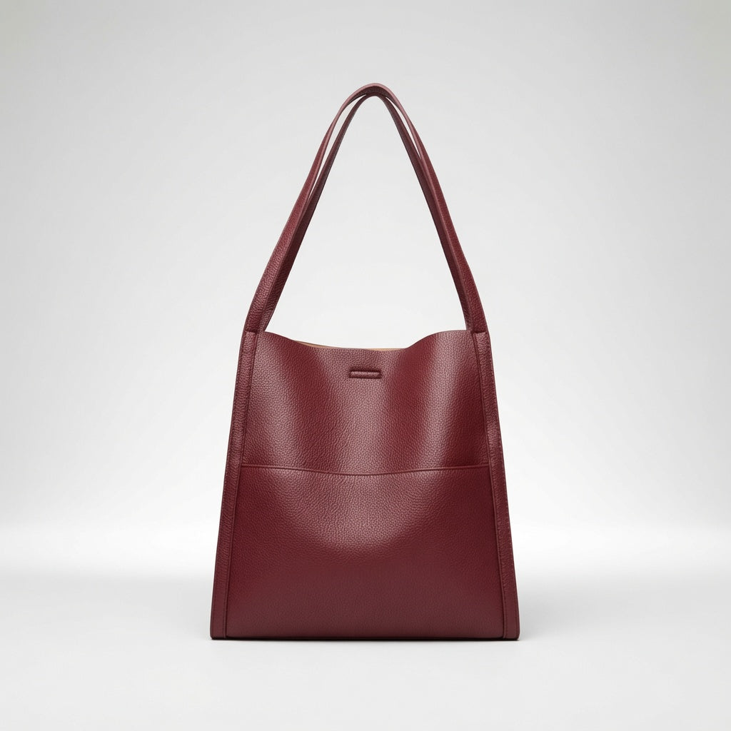 Bolso de mano de piel rojo vino con asas cortas y cierre central rectangular