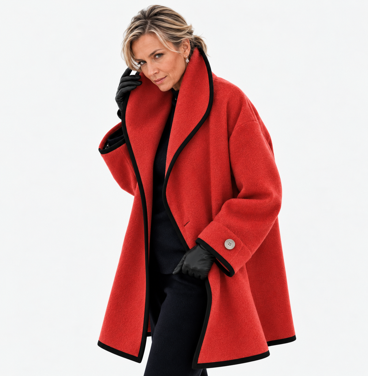 Abrigo de lana rojo con solapas, botones en puños y forro negro visible