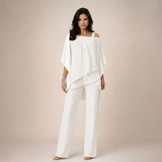 Conjunto de varias capas blanco: blusa asimétrica y pantalón recto fluido