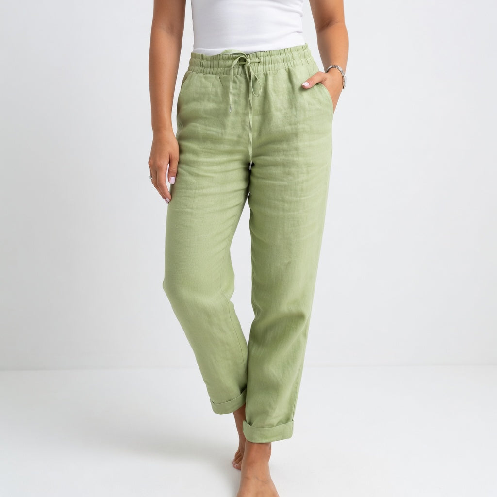 Pantalones de algodón holgados verdes con cinturilla elástica y cordón