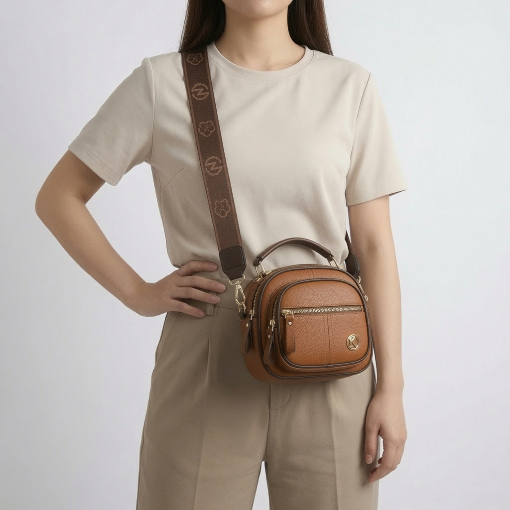 Bolso bandolera compacto de cuero ámbar con cremallera, correa con logotipos y placa K.