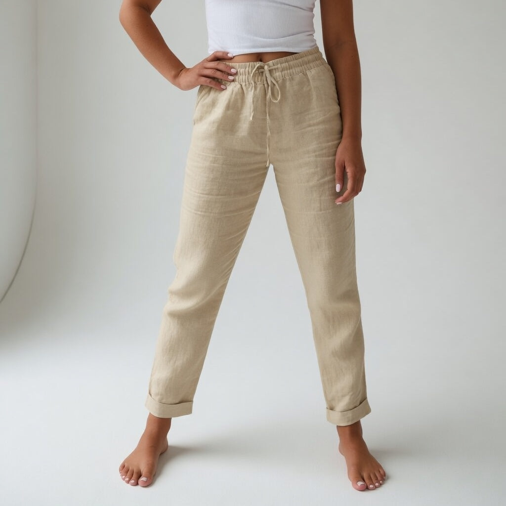 Pantalones de algodón holgados color kaki con cinturilla elástica y cordón