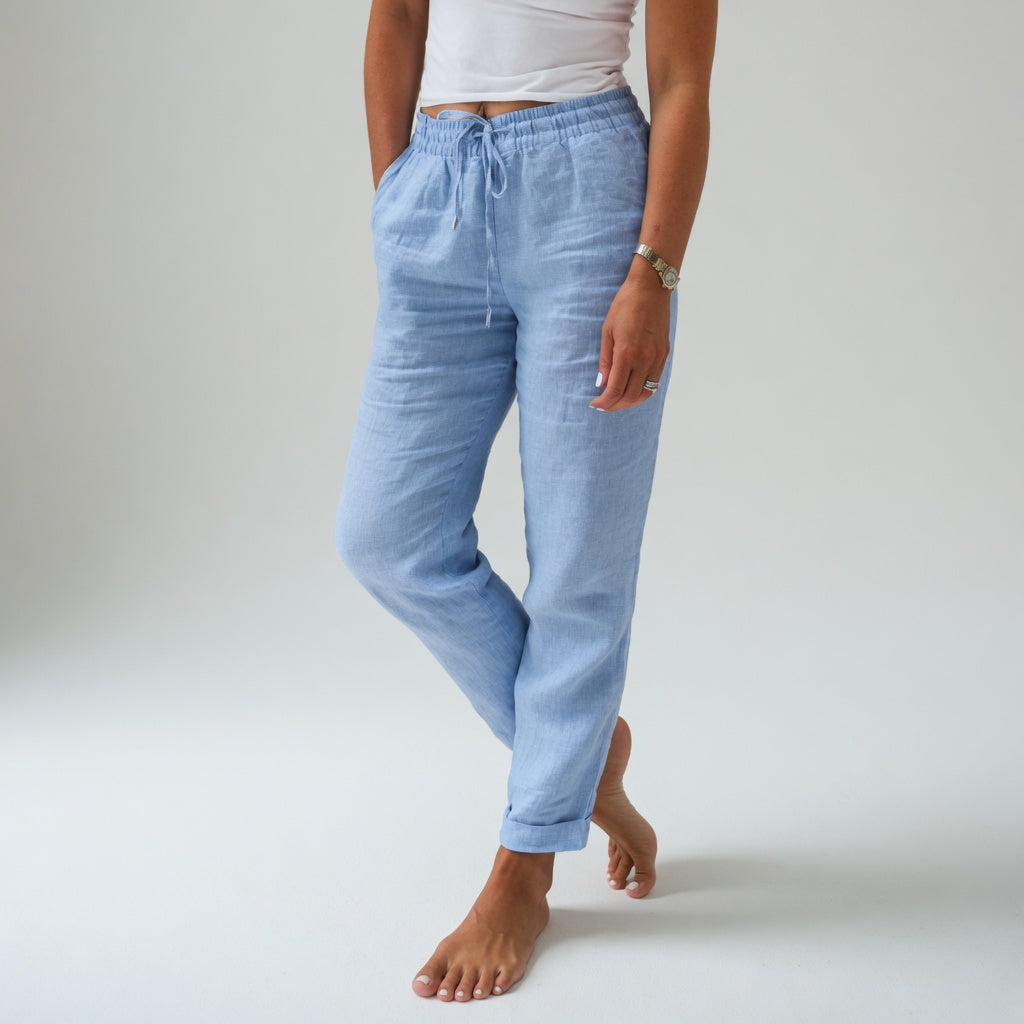 Pantalones de algodón holgados azul cielo con cinturilla elástica y cordón