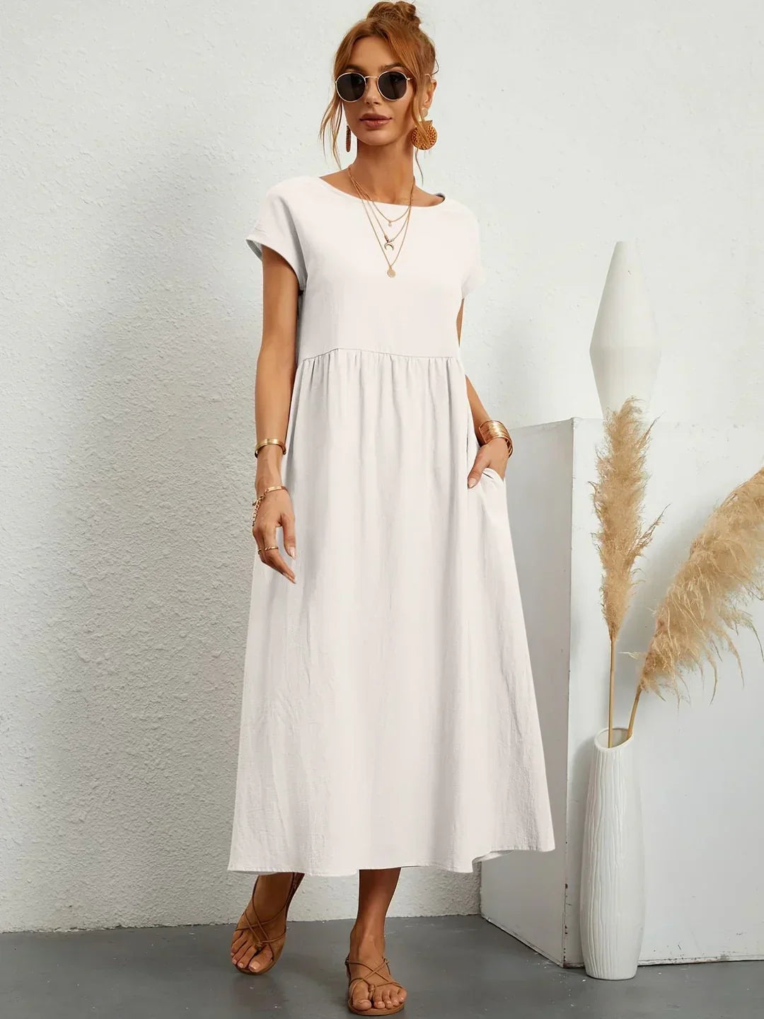 Vestido midi fluido blanco con manga tipo globo y cintura fruncida