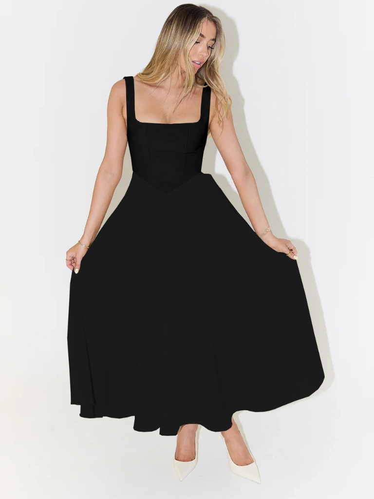 Vestido midi negro sin mangas con escote cuadrado y falda amplia