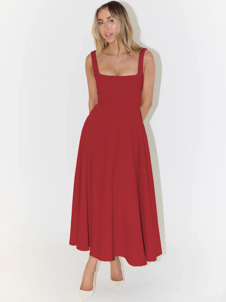 Vestido rojo sin mangas midi con escote cuadrado y falda amplia; vista frontal