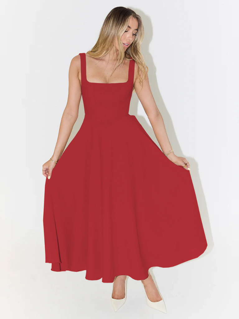 Vestido rojo sin mangas midi, escote cuadrado y falda acampanada con vuelo