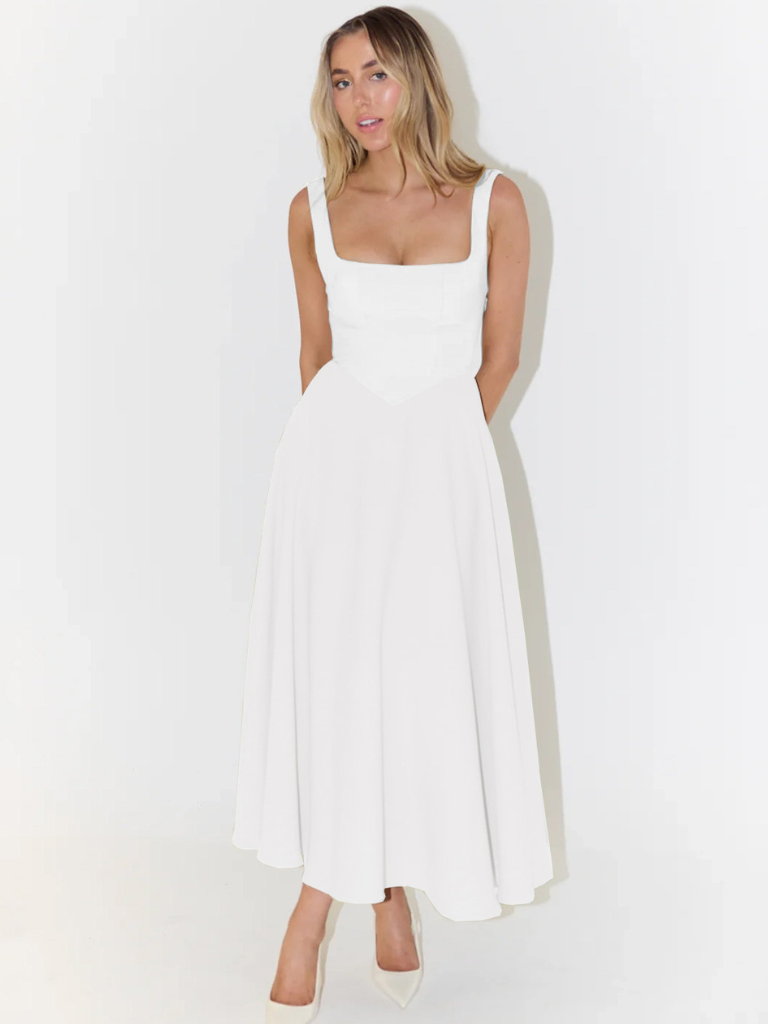Vestido blanco sin mangas midi con escote cuadrado y falda acampanada