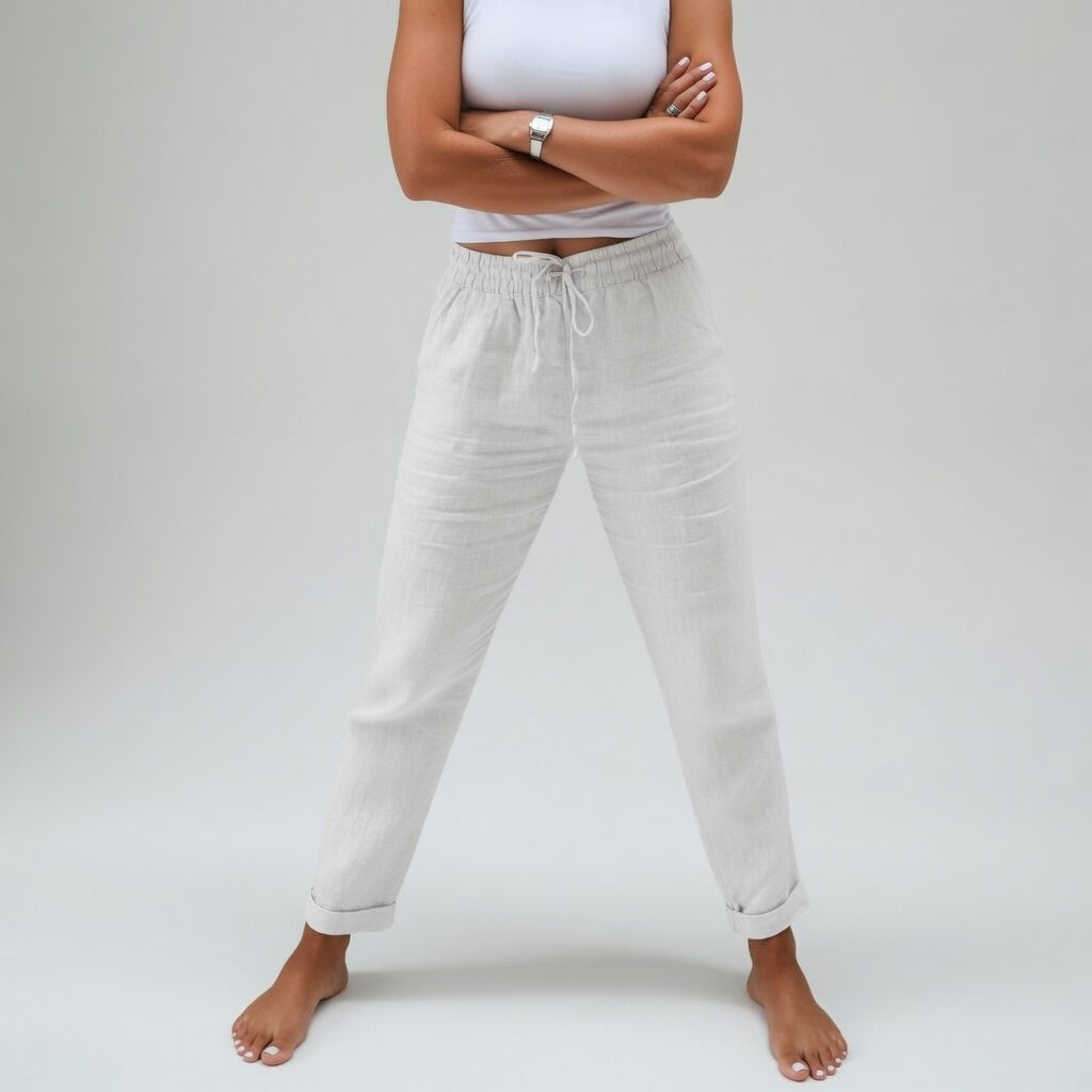 Pantalones de algodón holgados blancos con cinturilla elástica y cordón