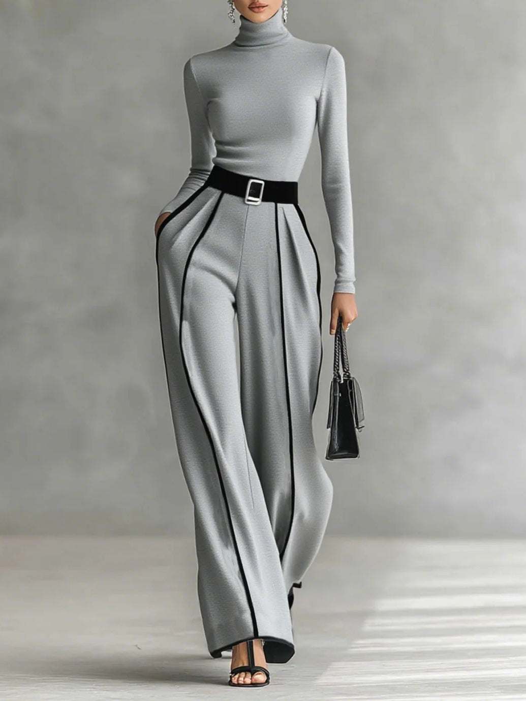 Conjunto gris: blusa cuello alto manga larga y pantalón ancho con líneas a contraste