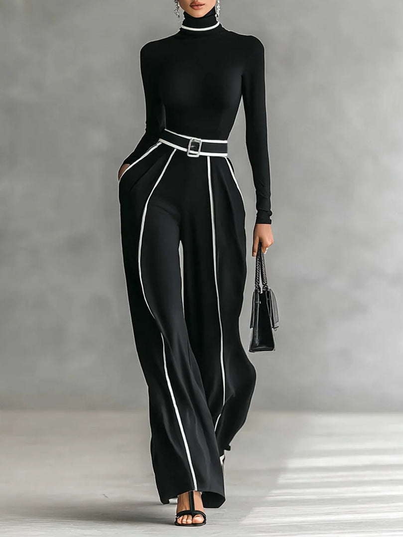 Conjunto negro: blusa cuello alto manga larga y pantalón ancho con líneas a contraste
