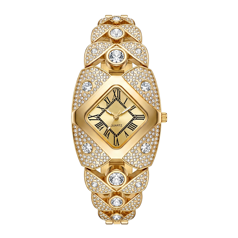 Reloj ovalado dorado con cristales, esfera negra y brazalete con piedras