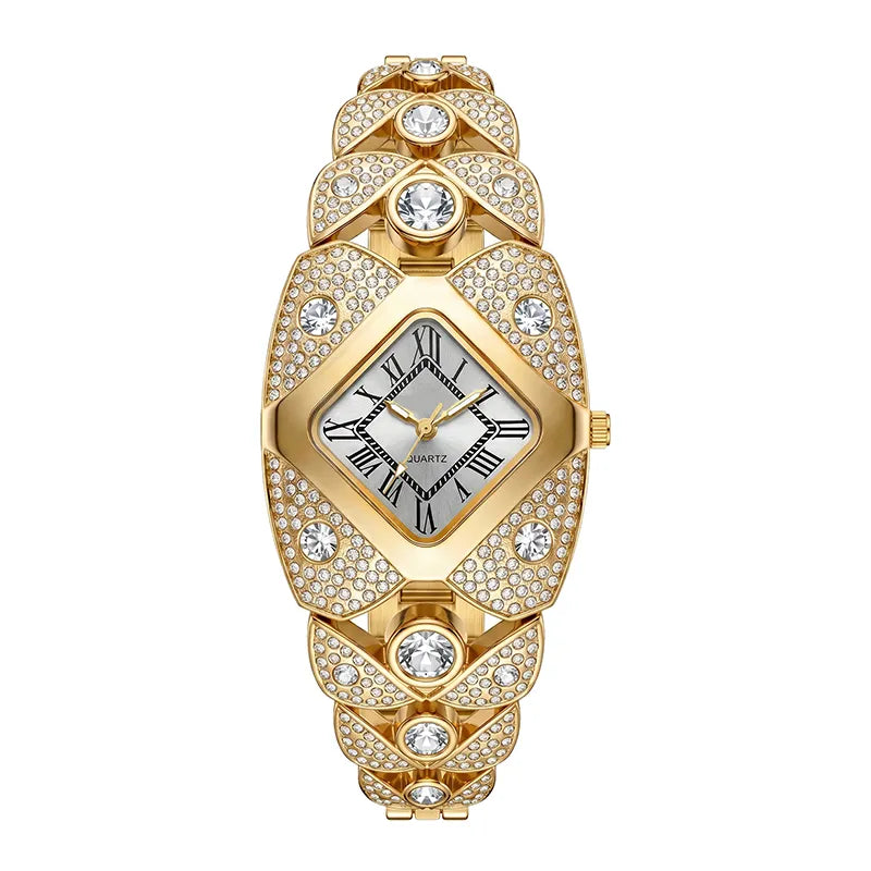Reloj ovalado dorado con cristales, esfera negra con manecillas romanas