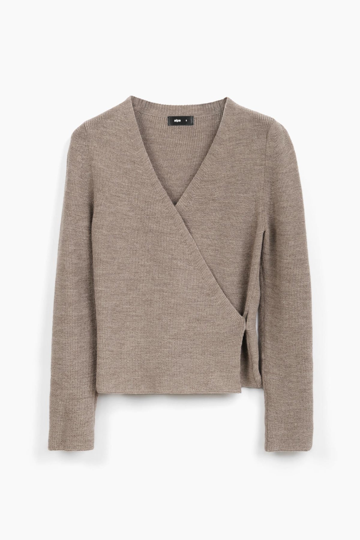 Jersey cruzado de punto gris con cuello V y manga larga, vista frontal