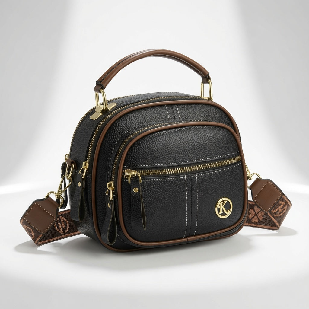 Bolso bandolera compacto de cuero negro con cierre y asa superior, con placa circular K.