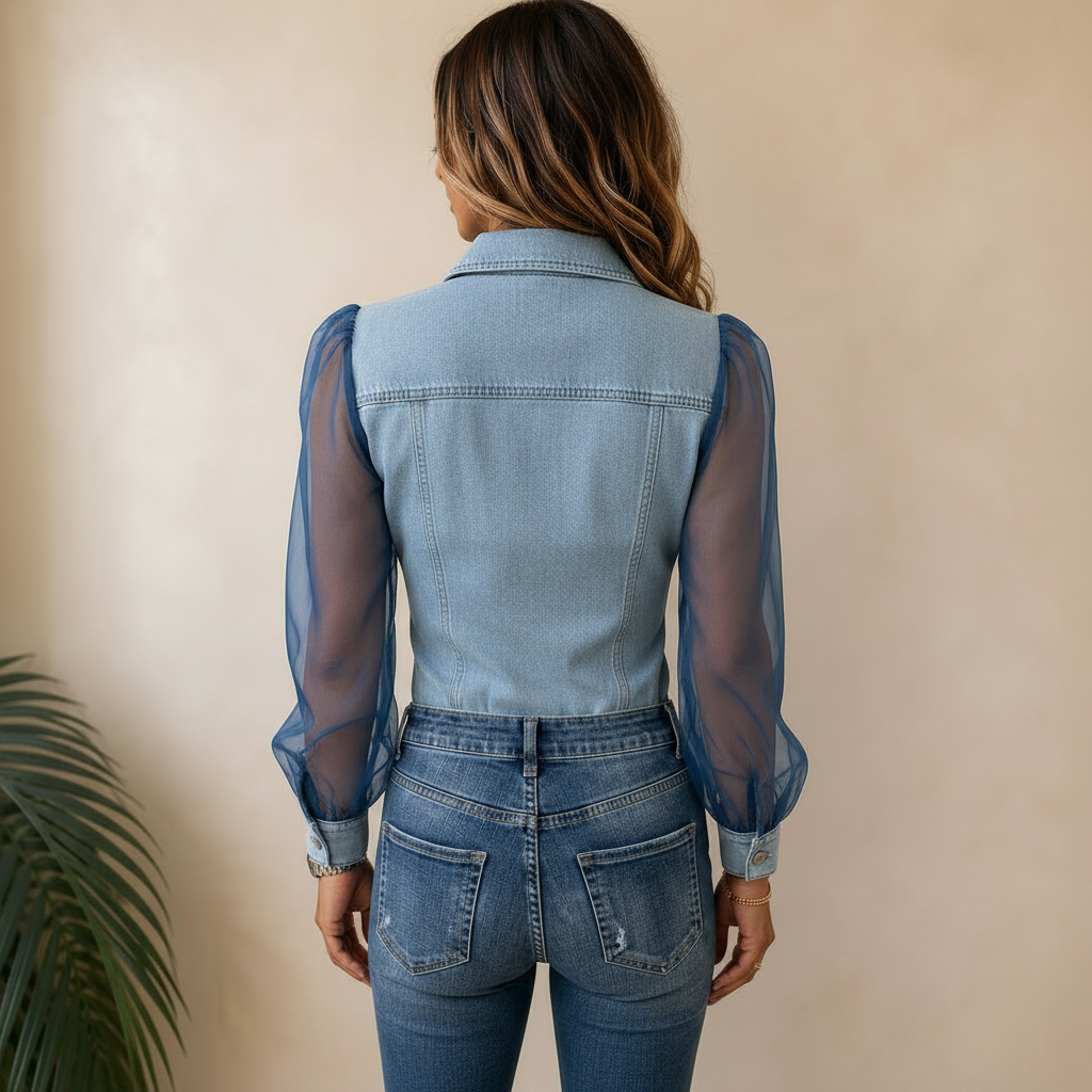 Blusa vaquera azul claro vista trasera con mangas transparentes y costuras