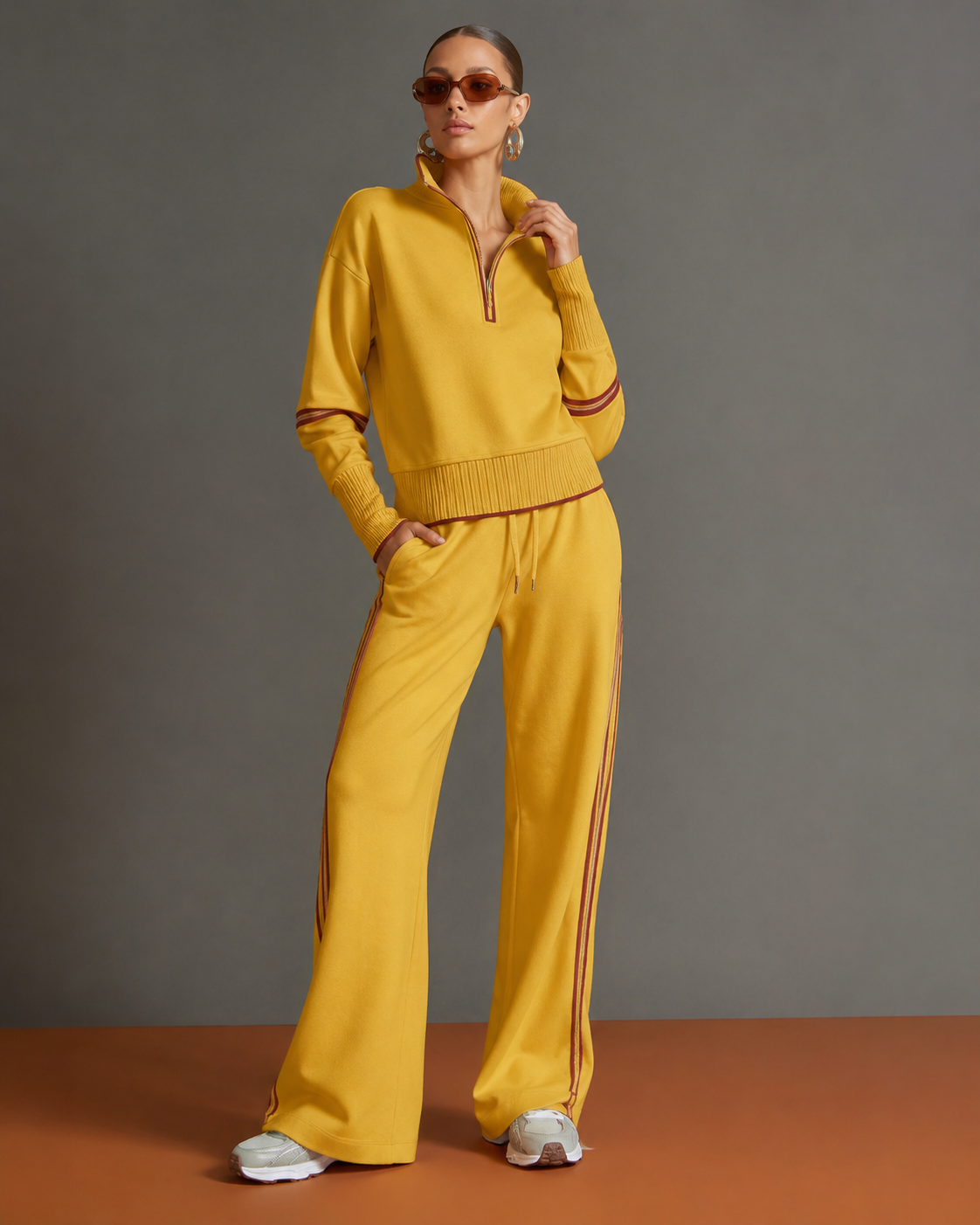 Conjunto de dos piezas amarillo: suéter con cuello con cremallera y pantalón recto