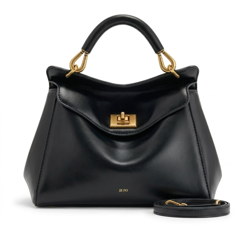 Bolso grande de piel lisa negro con asa de arco y solapa con cierre metálico.