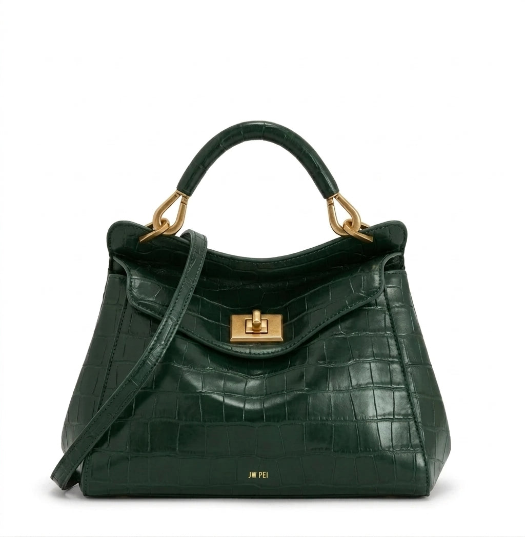 Bolso grande de piel con efecto cocodrilo verde, asas superiores y correa cruzada