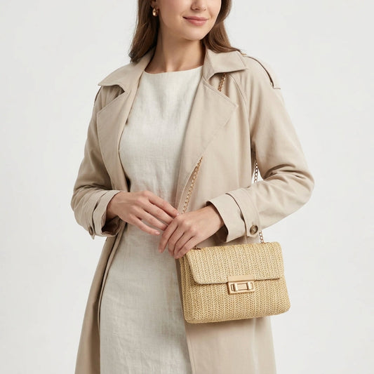 Bolso de mano de paja beige con solapa y cierre rectangular dorado, con cadena colgante