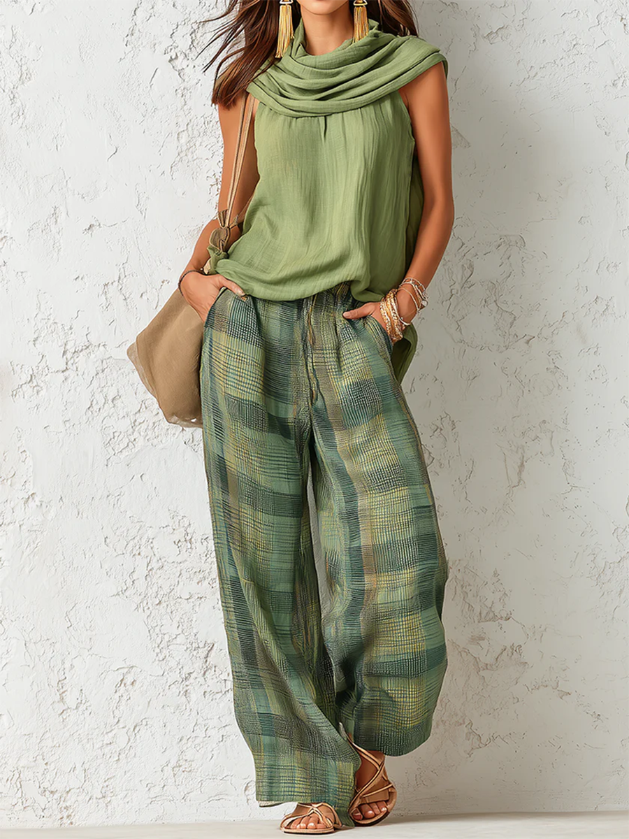 Conjunto boho verde: top sin mangas con cuello drapeado y pantalón ancho de cuadros