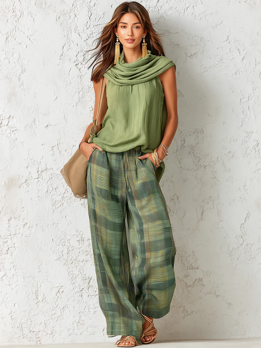 Conjunto boho verde: blusa sin mangas con cuello drapeado y pantalón ancho a cuadros