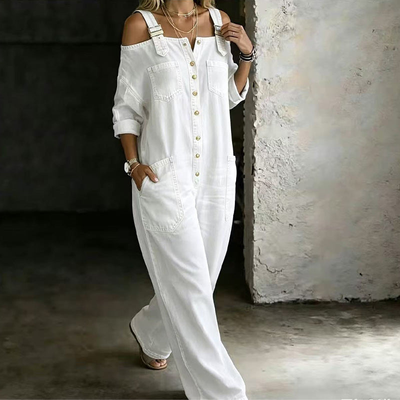 Mono denim blanco holgado con tirantes, perneras anchas y bolsillos