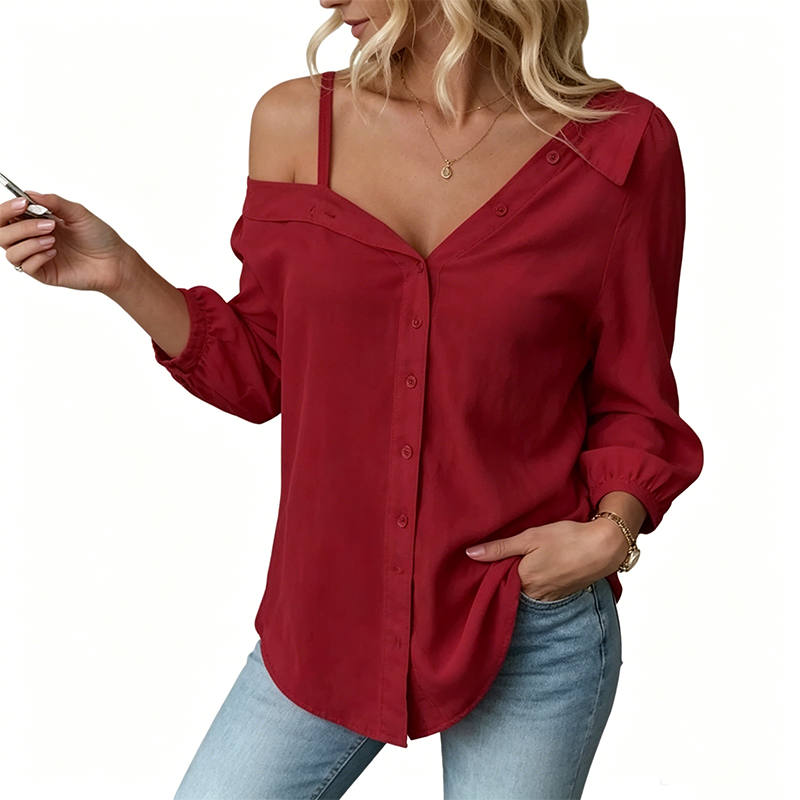 Camisa informal roja vino con hombros al aire, botones frontales y cuello solapa.