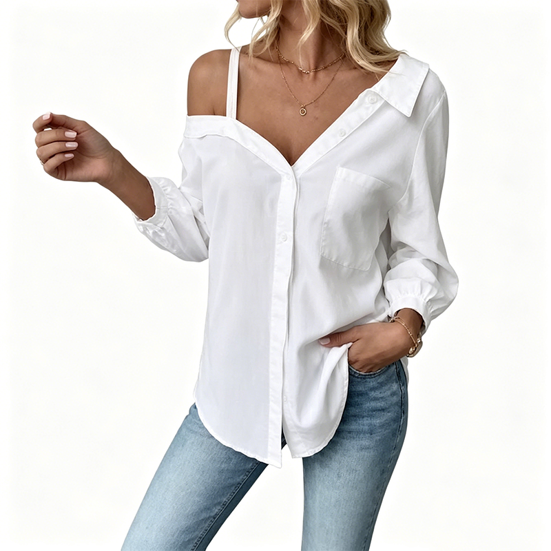 Camisa informal blanca con hombros al aire, botones al frente y cuello solapa.