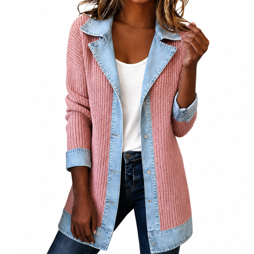 Rosa - Elegante abrigo de punto acanalado para mujer con inserciones de vaquero