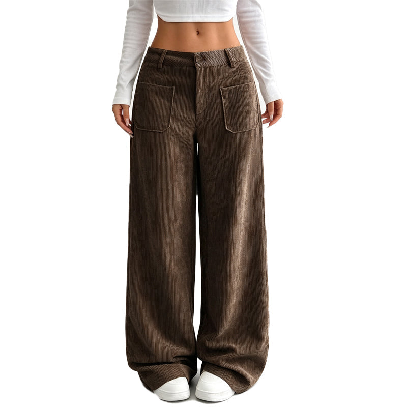 Pantalones de pierna ancha marrón café, cintura con botón y bolsillos delanteros