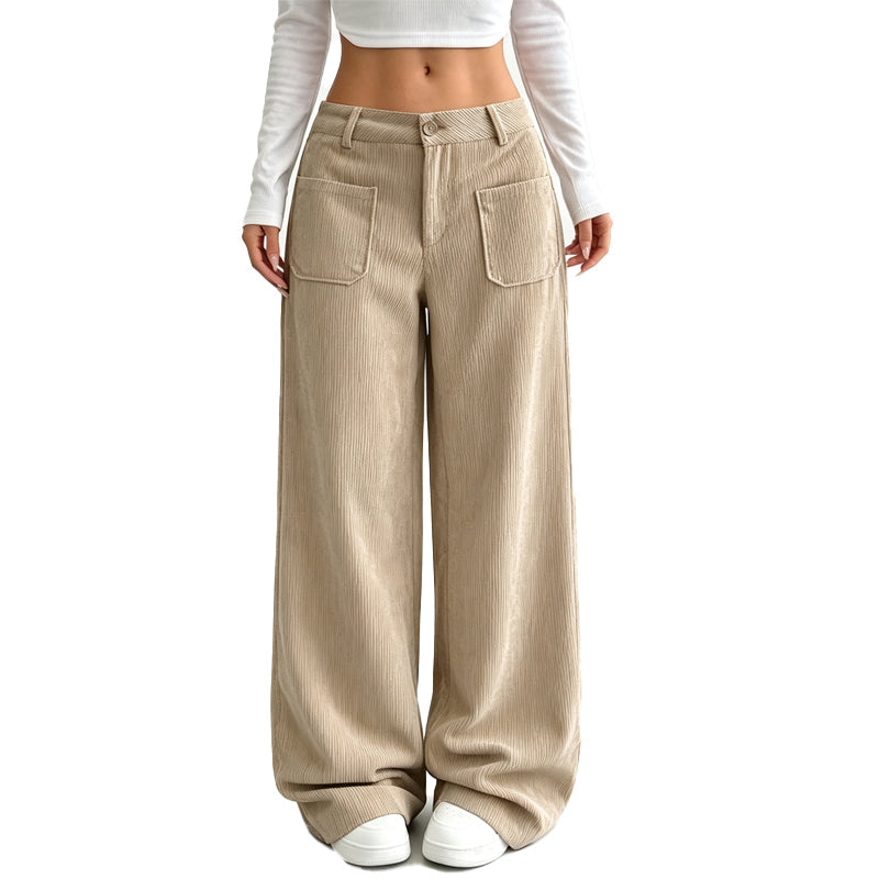 Pantalones de pierna ancha beige para mujer, cintura con botón y bolsillos delanteros